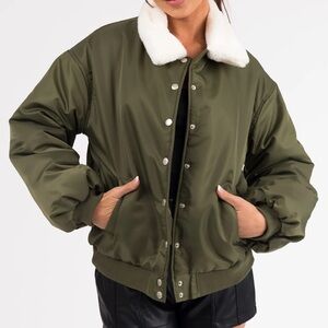 Lime Lush Olive Button Down Faux Fur Collar Bomber Jacket